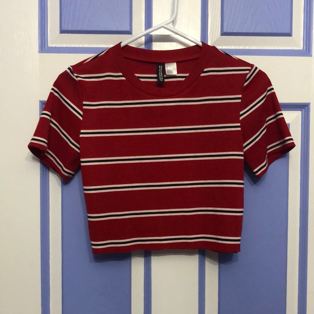 Red, white, black striped shirt